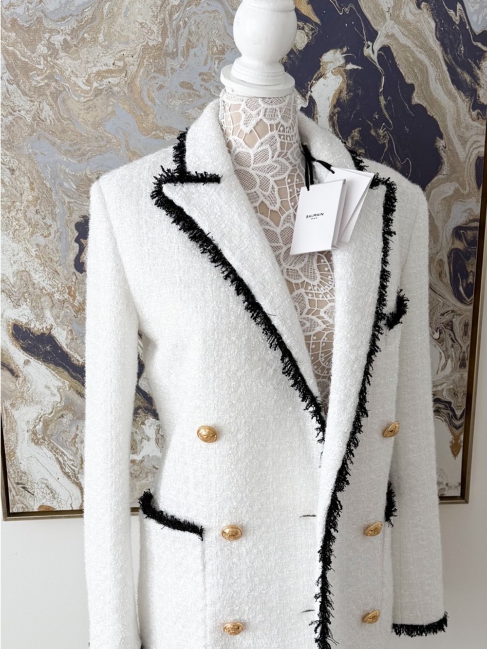 New! Balmain Tweed Metallic Double-Breasted Two-Tone Blazer Coat - Picture 14 of 15